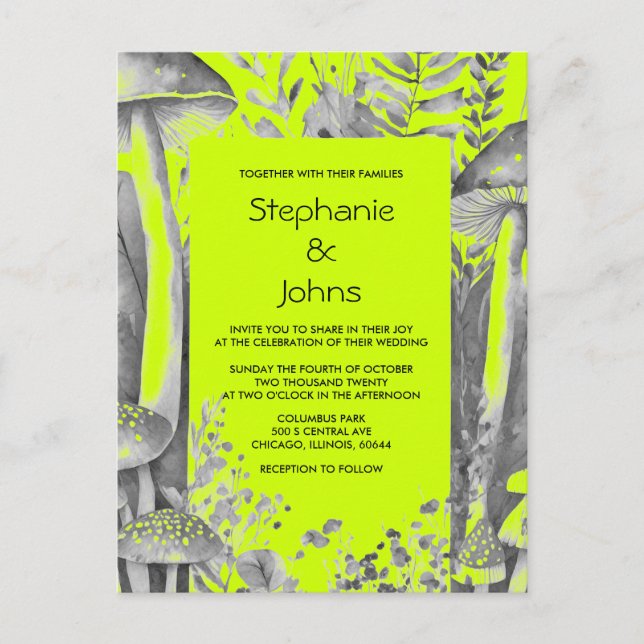 Invitation Carte Postale Lime Green Grey Black Woodland Mariage (Devant)