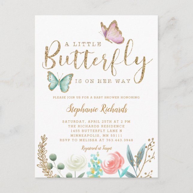 Invitation Carte Postale Little Butterfly est sur son chemin Baby shower d' (Devant)