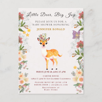 Invitation Carte Postale Little Deer, Big Joy Pink Flowers et Butterfly