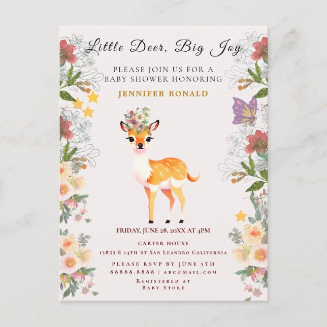 Invitation Carte Postale Little Deer, Big Joy Pink Flowers et Butterfly (Devant)