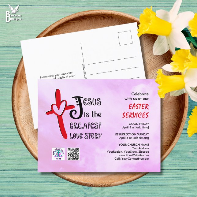Invitation Carte Postale Logo QR Code JESUS GREATEST LOVE STORY Easter (Modern HEARTS AND CROSSES invitation to church Easter services, incl logo and QR code.)