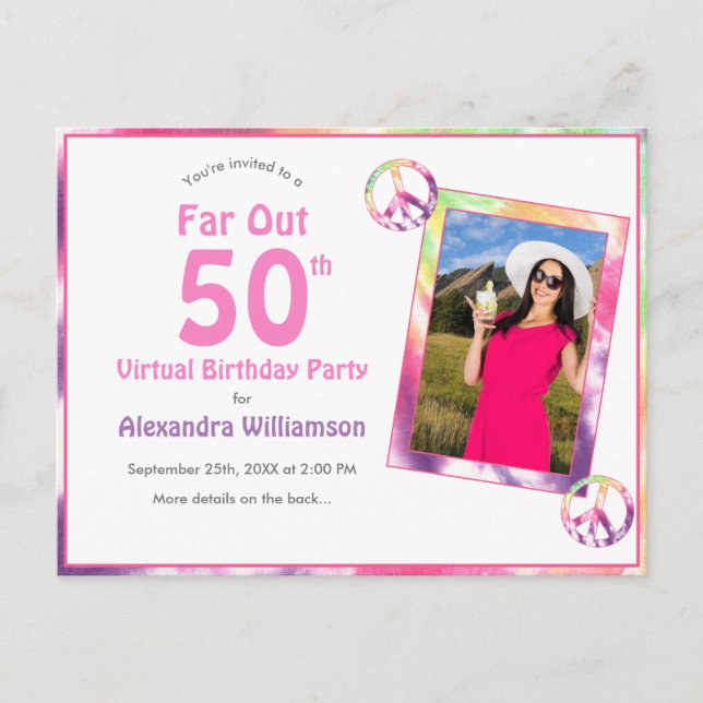 Invitation Carte Postale Loin de 50e Tie Dye Virtual Birthday Party Photo (Devant)