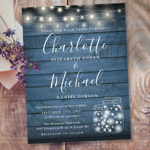 Invitation Carte Postale Lumières à cordes en bois rustique bleu Mariage en
