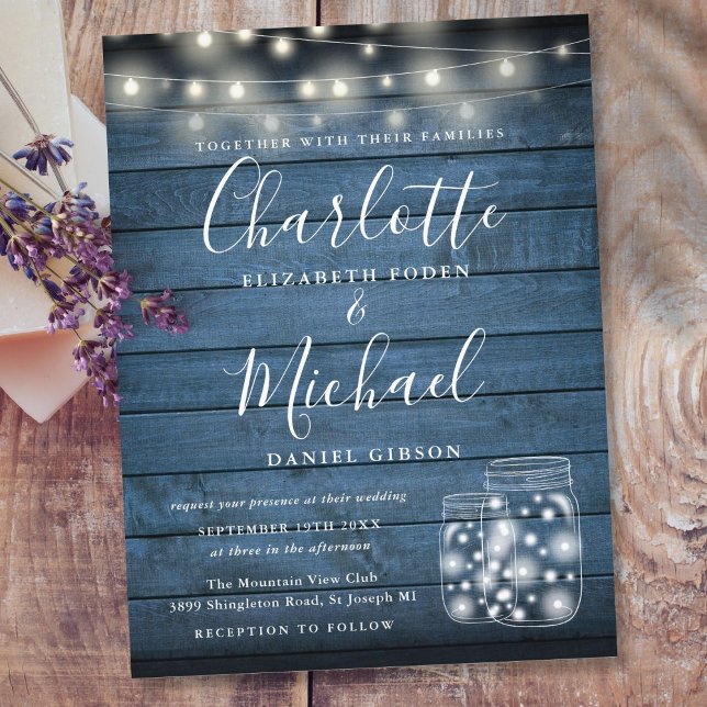 Invitation Carte Postale Lumières à cordes en bois rustique bleu Mariage en (Créateur téléchargé)