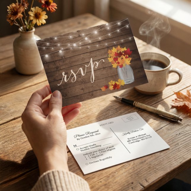 Invitation Carte Postale Lumières de chaîne de pot Mason de feuilles d'auto (Créateur téléchargé)