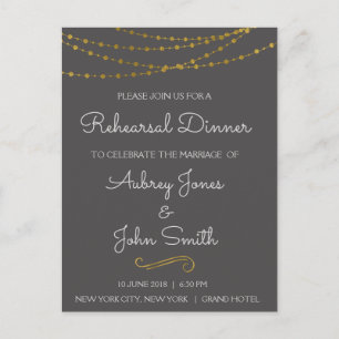 Invitation Carte Postale Lumières de ficelle de feuille d'or et dîner de
