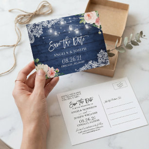 Invitation Carte Postale Lumières de jarre de maçon bleu rustique Mariage S