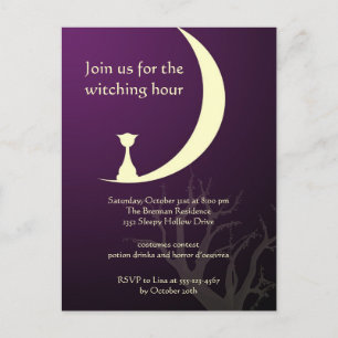Invitation Carte Postale Lune de chat violet éffrayant Halloween