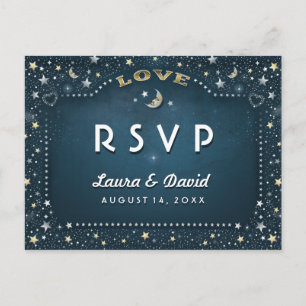 Invitation Carte Postale Lune & Etoiles Turquoise or et blanc Matching RSVP