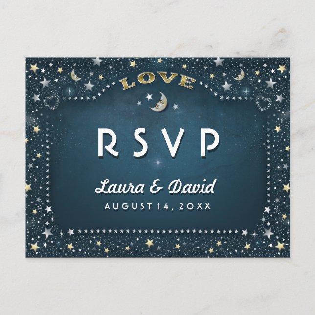 Invitation Carte Postale Lune & Etoiles Turquoise or et blanc Matching RSVP (Devant)