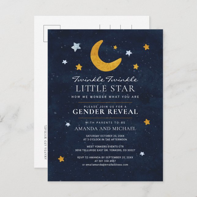 Invitation Carte Postale Lune Stars Genre Révéler Couple Marine Bleu (Devant / Derrière)