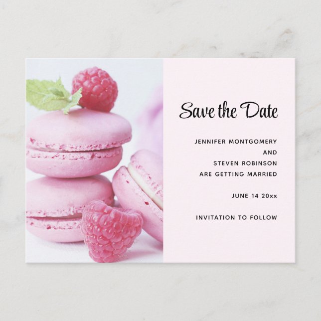 Invitation Carte Postale Macarons aux framboises roses Enregistrer la date (Devant)