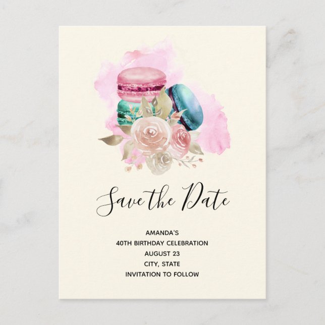 Invitation Carte Postale Macarons et fleurs Aquarelle Enregistrer la date (Devant)