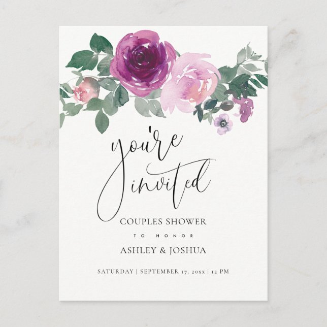 Invitation Carte Postale Magenta Blush Floral Ivory Couples Wedding Shower (Devant)