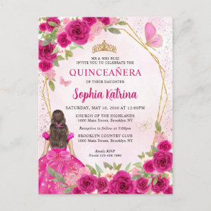 Invitation Carte Postale Magenta Rose Glam Or Floral Princesse Quinceañera