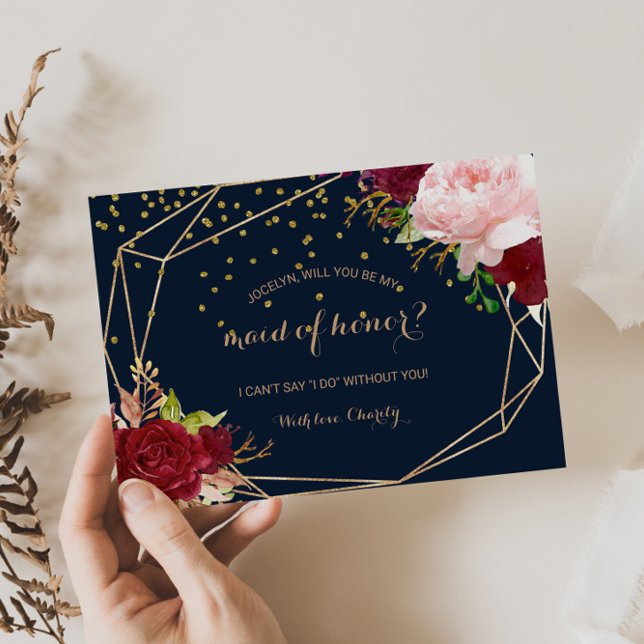 Invitation Carte Postale Maid d'honneur géométrique or et rouge tropical (Créateur téléchargé)