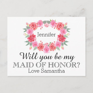 Invitation Carte Postale Maid of Honor aquarelle couronne florale