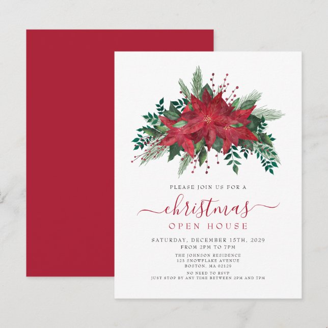 Invitation Carte Postale Maison ouverte de Noël écriture florale Poinsettia (Devant / Derrière)