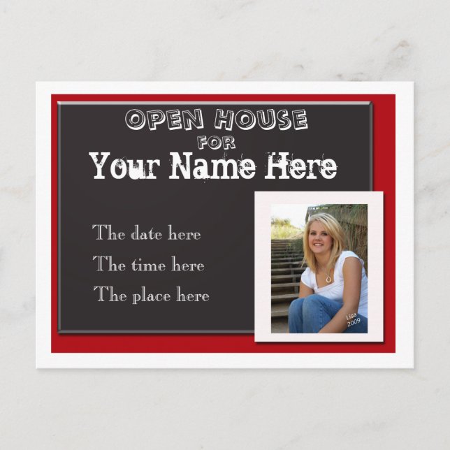 Invitation Carte Postale Maison ouverte de remise des diplômes rouge blanc  (Devant)