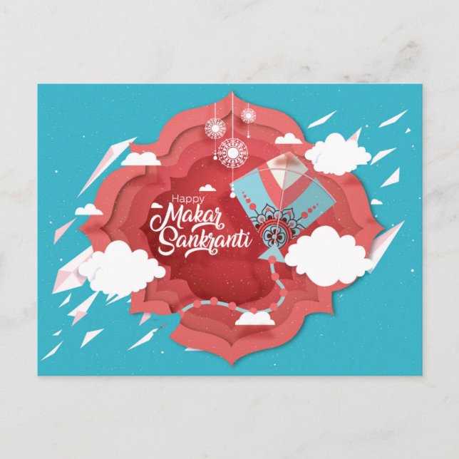 Invitation Carte Postale Makar Sankranti bleu et rouge cerf-volant (Devant)