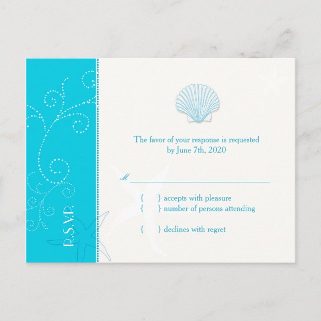 Invitation Carte Postale Malibu Blue Beach Shell Wedding RSVP (Devant)