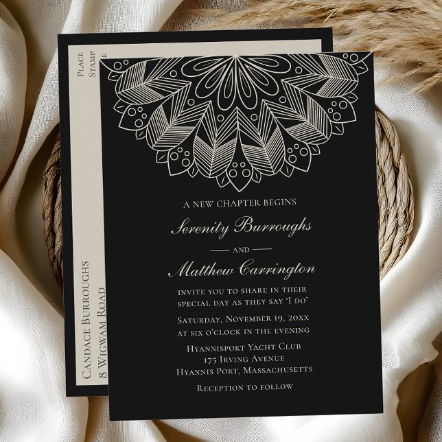 Invitation Carte Postale Mandala Boho Indian Elegant Mariage noir Invitati (Créateur téléchargé)