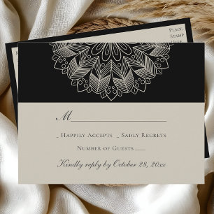 Invitation Carte Postale Mandala Boho Indian Elegant Noir Mariage RSVP