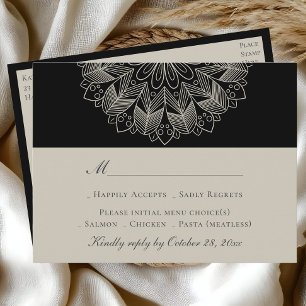 Invitation Carte Postale Mandala Boho Indian Elegant Noir Mariage RSVP