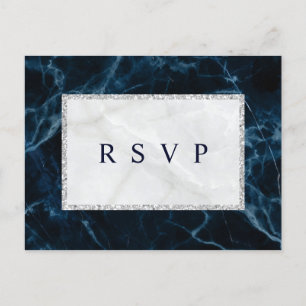 Invitation Carte Postale Marbre blanc bleu de la Marine RSVP mariage