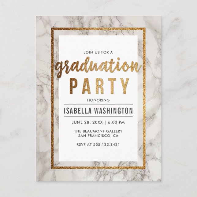 Invitation Carte Postale Marbre blanc & Gold Typography Graduation Party (Devant)