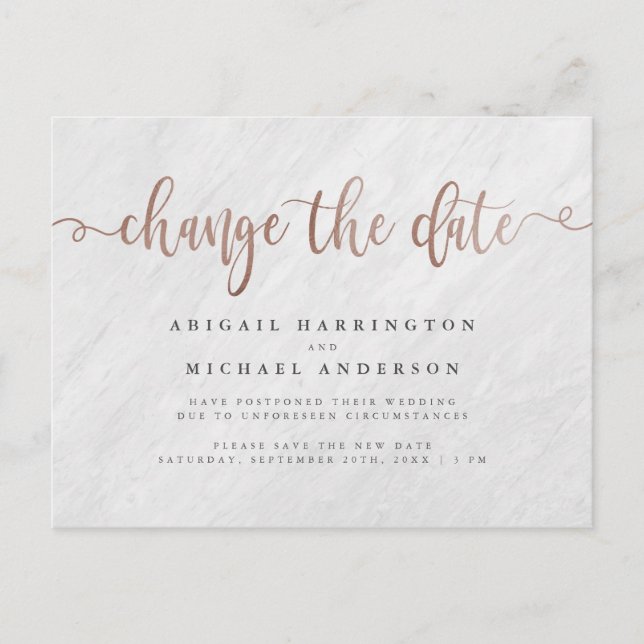 Invitation Carte Postale Marbre Chic & Or Rose Script Changer la Date (Devant)