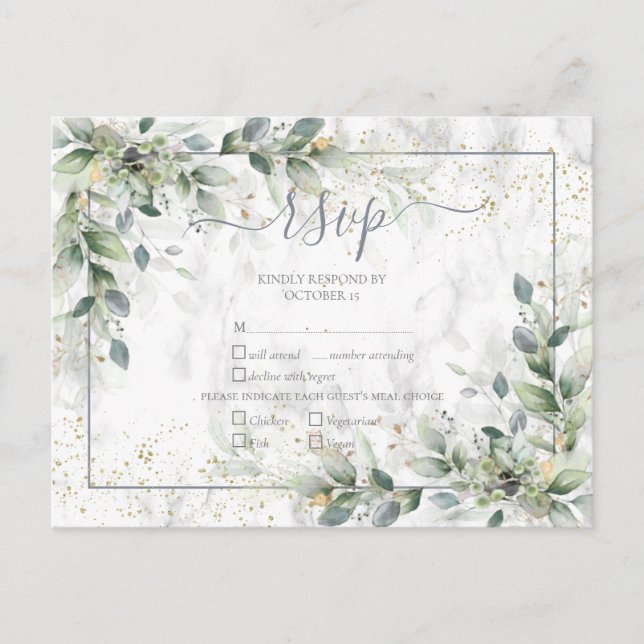 Invitation Carte Postale Marbre d'or floral blanc gris clair moderne RSVP (Devant)