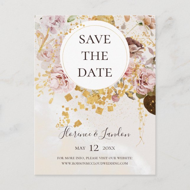 Invitation Carte Postale Marbre Floral Flush Moderne Enregistrer La Date Ca (Devant)