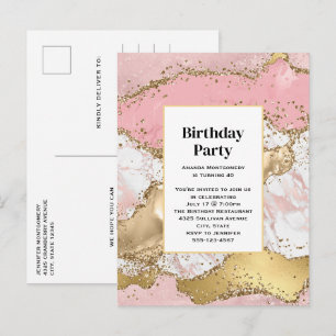 Invitation Carte Postale Marbre rose or Rose de luxe Design Anniversaire