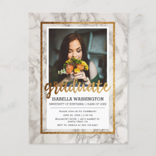 Invitation Carte Postale Marbre & Typographie d'or Photo Graduation Party