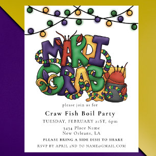 Invitation Carte Postale Mardi Gras Crawfish Boil Party Masquerade