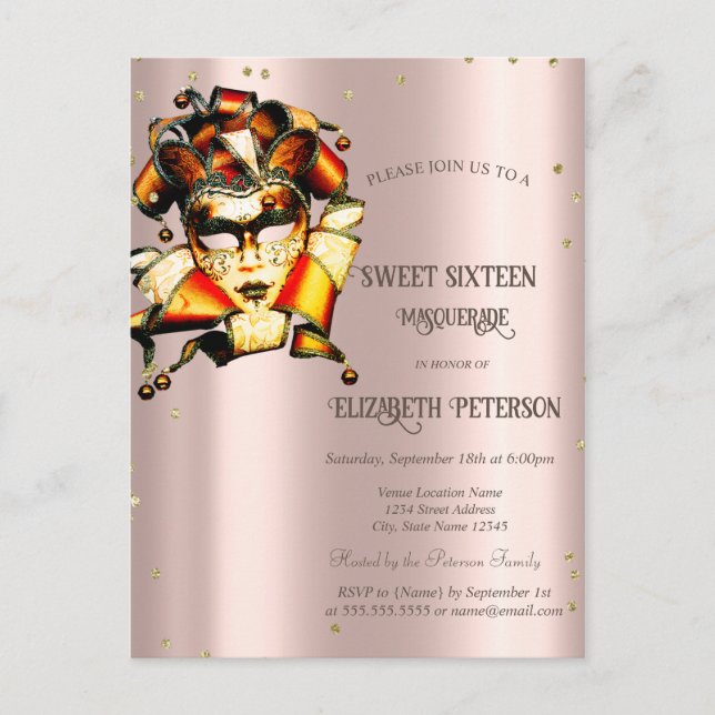 Invitation Carte Postale Mardi Gras Masque Diamants Rose Gold Sweet 16 (Devant)