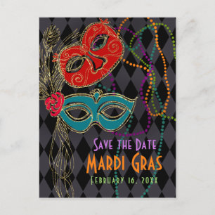Invitation Carte Postale Mardi Gras Masquerade Masques Arlequin Noir