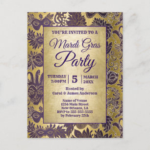 Invitation Carte Postale Mardi Gras Party Faux Gold Purple Masque