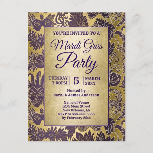 Invitation Carte Postale Mardi Gras Party Faux Gold Purple Masque (Devant)