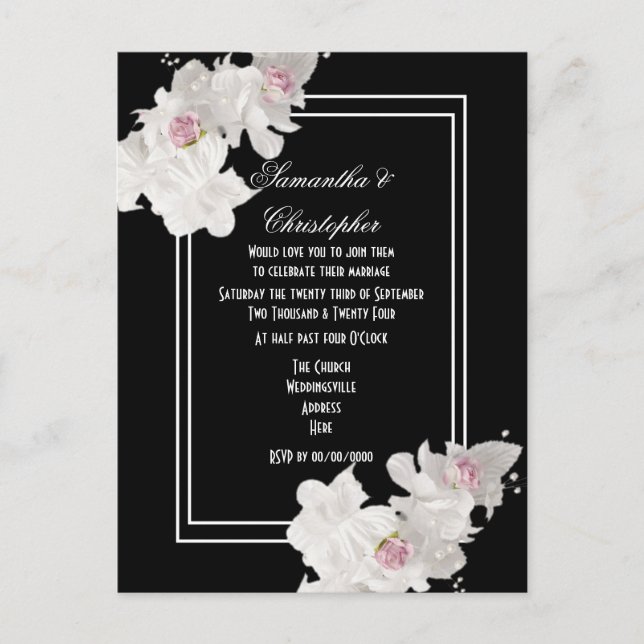 Invitation Carte Postale Mariage à fleurs noir et blanc (Devant)