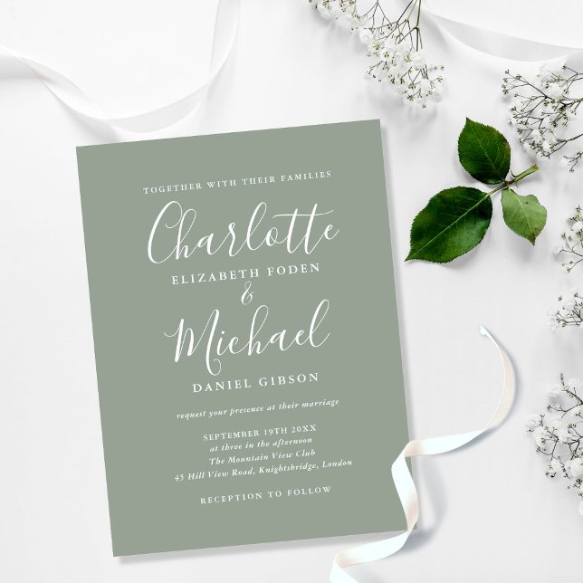 Invitation Carte Postale Mariage à l'écriture de signature Vert Sauge (Créateur téléchargé)
