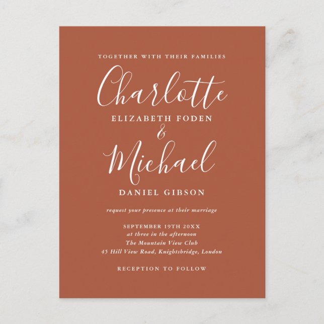 Invitation Carte Postale Mariage à l'écriture signature Terracotta (Devant)