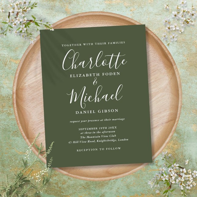 Invitation Carte Postale Mariage à l'écriture signature Vert Olive (Olive Green Signature Script Wedding Invitation Postcard)