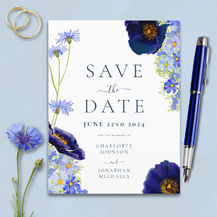 Invitation Carte Postale Mariage Aquarelle Fleur Sauvage Bleue Moderne