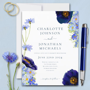 Invitation Carte Postale Mariage aquarelle moderne aux fleurs sauvages bleu
