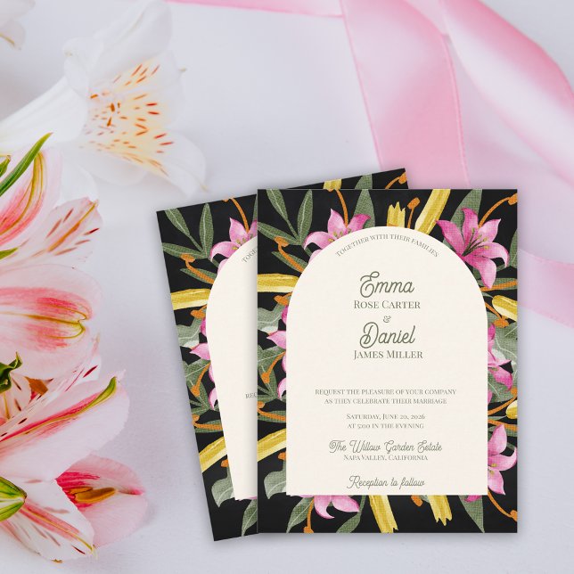 Invitation Carte Postale Mariage aux lys roses aux reflets foncés et aux fo (Dark Blush Pink Lily Arched Wedding Invitation | Botanical Floral Arch Evening Garden Wedding)