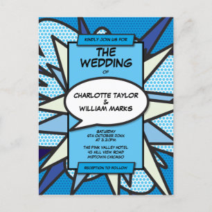 Invitation Carte Postale Mariage Bande Dessinée Bleue Fun Moderne