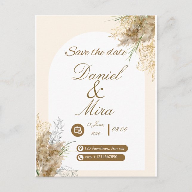 Invitation Carte Postale Mariage Bohème Or Pampas Arche Entièrement Éditabl (Devant)