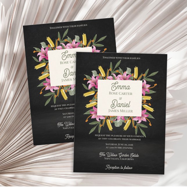 Invitation Carte Postale Mariage botanique au lys rose blush foncé (Dark Blush Pink Lily Botanical Wedding Invitation | Moody Black Floral Elegant Garden Wedding Invite)